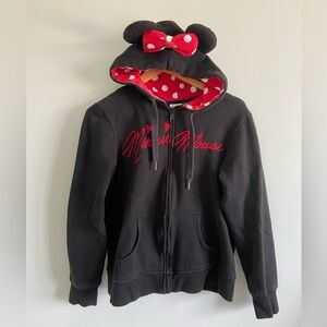 Minnie Mouse Black Zip up Jacket with Minnie’s Ears and Red Bow on Hood